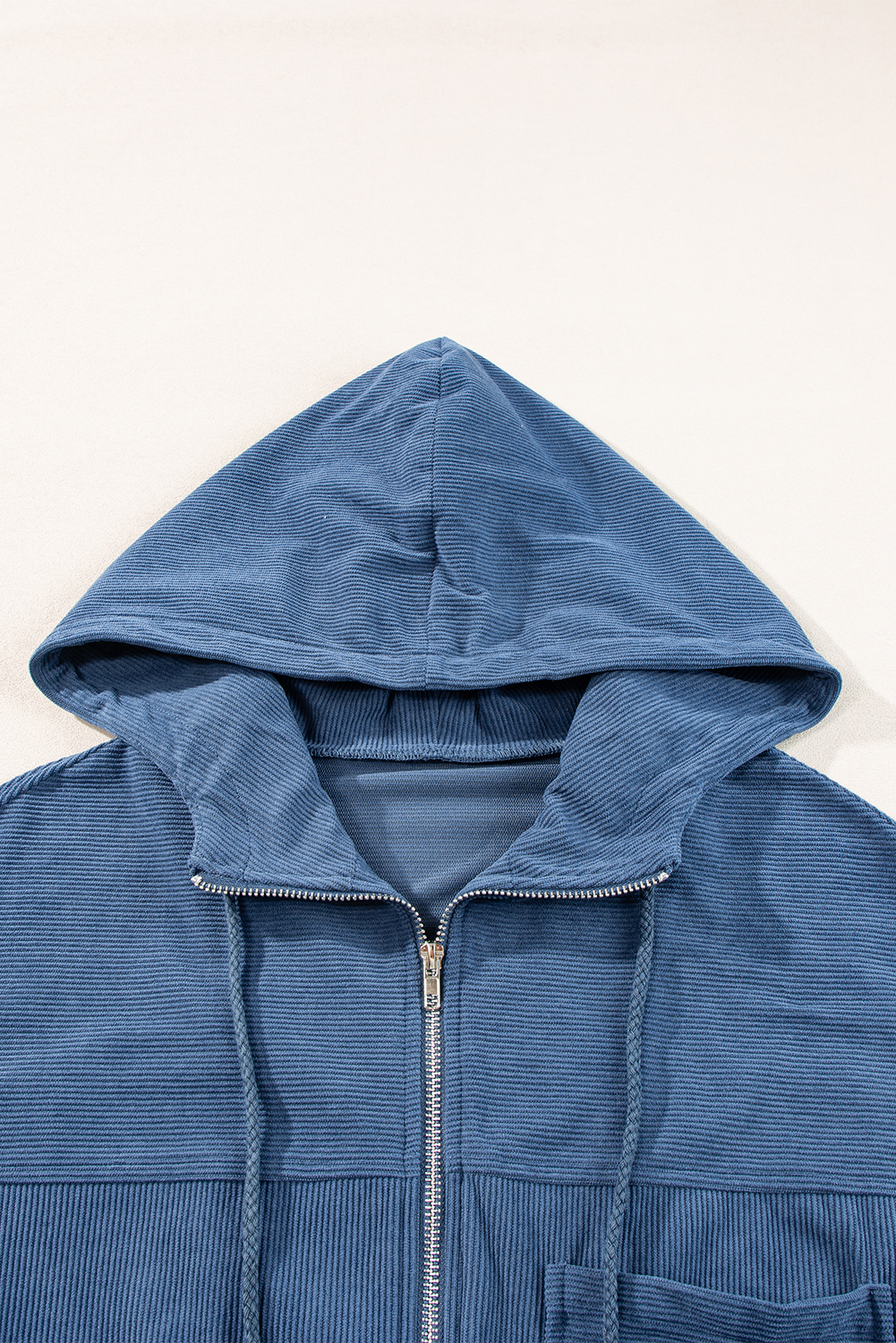 Real Teal Corduroy Drawstring Hooded Pocket Zip Up Jacket - Image 8
