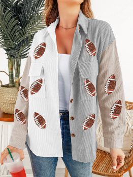 White Sequin Rugby Graphic Flap Pockets Corduroy Shacket