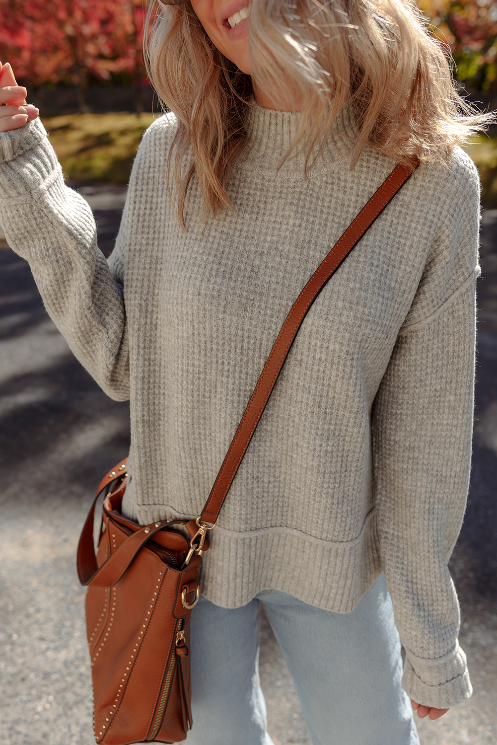 Gray Morn Waffle Texture Knit Ribbed High Neck Drop Shoulder Sweater - Image 7