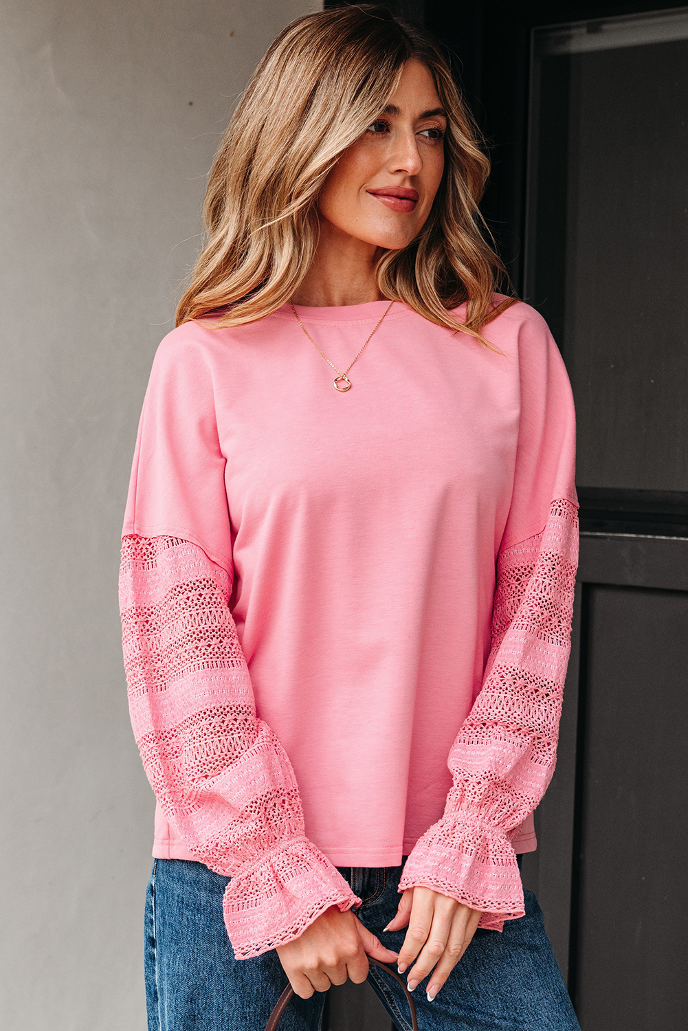 Sachet Pink Drop Shoulder Lace Ruffled Sleeve Patchwork Loose Sweatshirt - Image 5
