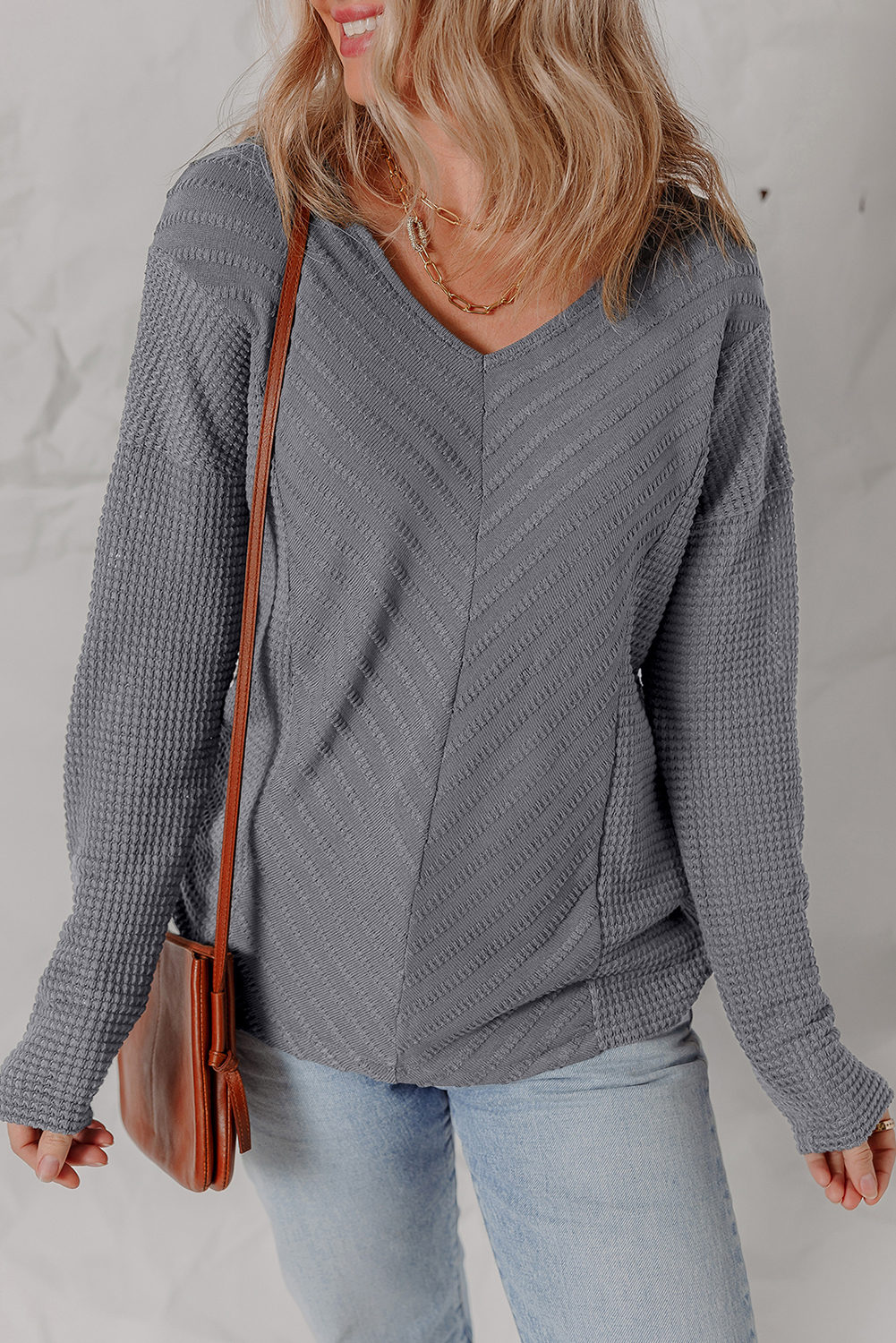 Sleet V Neck Chevron Texture Patchwork Long Sleeve Knit Top - Image 6