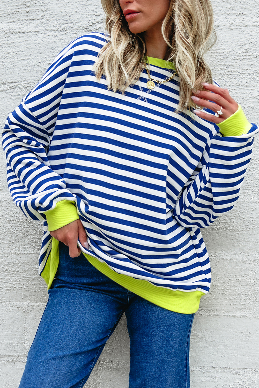 Sky Blue Stripe Striped Contrast Ribbed Trim Crossed Stitch Drop Shoulder Sweatshirt - Image 5