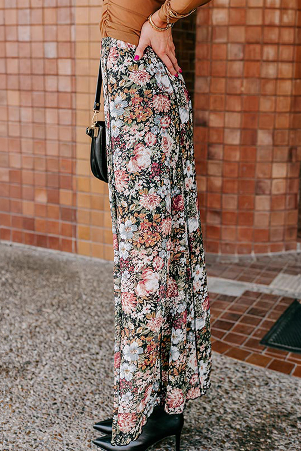 Brown Floral Print High Waist Maxi Skirt - Image 3