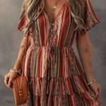 Red Bohemian Floral Print Buttoned V Neck Ruffle Tiered Dress