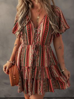 Red Bohemian Floral Print Buttoned V Neck Ruffle Tiered Dress