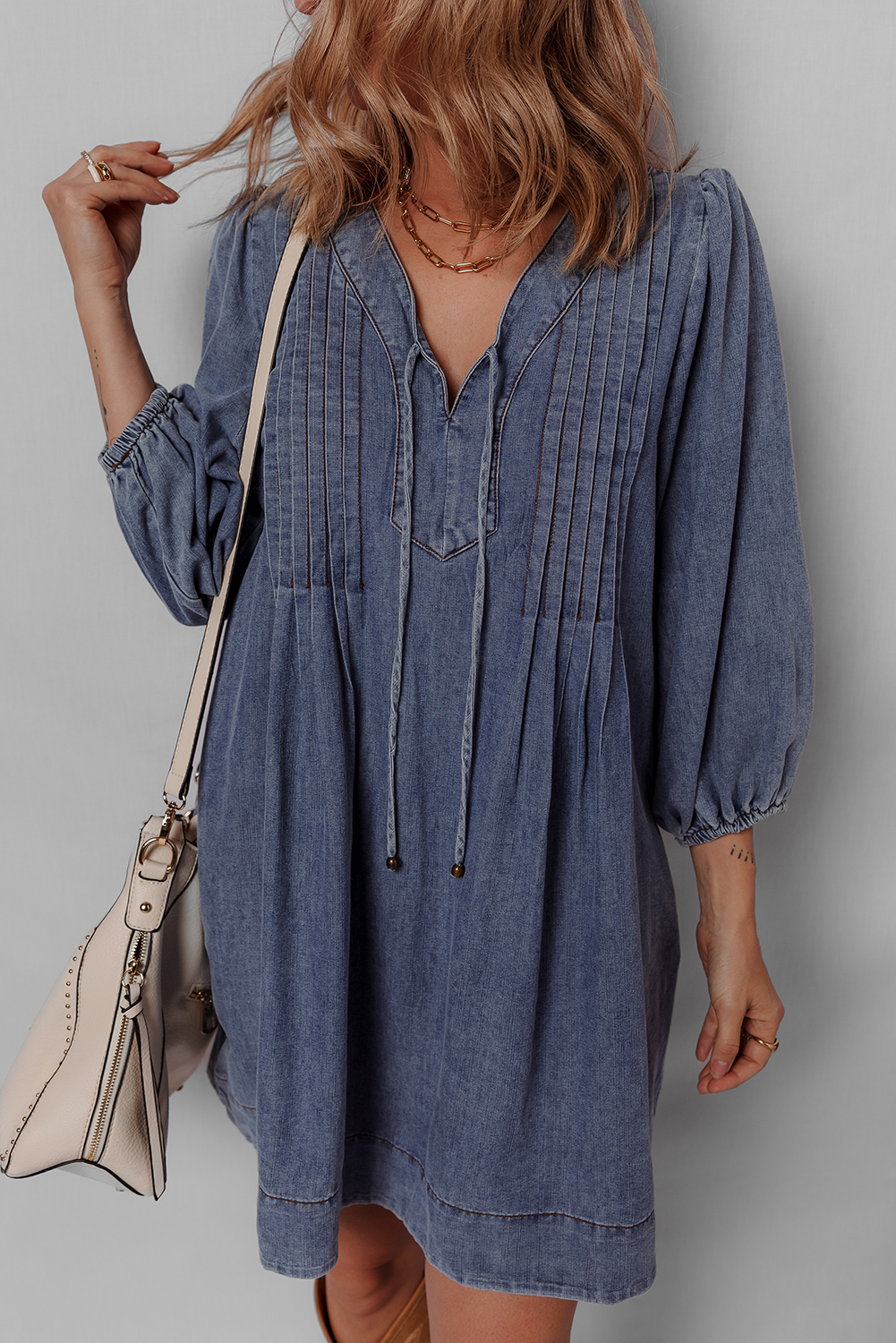 Sail Blue 3/4 Sleeve Tied V Neck Pleated Denim Mini Dress - Image 3