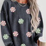 Gray Christmas Candy Sequin Graphic Ribbed Corded Baggy Sweatshirt