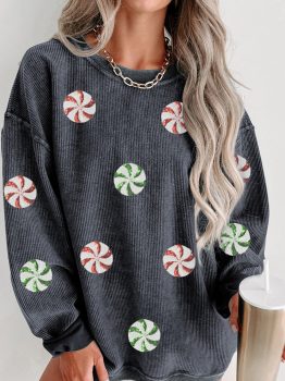 Gray Christmas Candy Sequin Graphic Ribbed Corded Baggy Sweatshirt