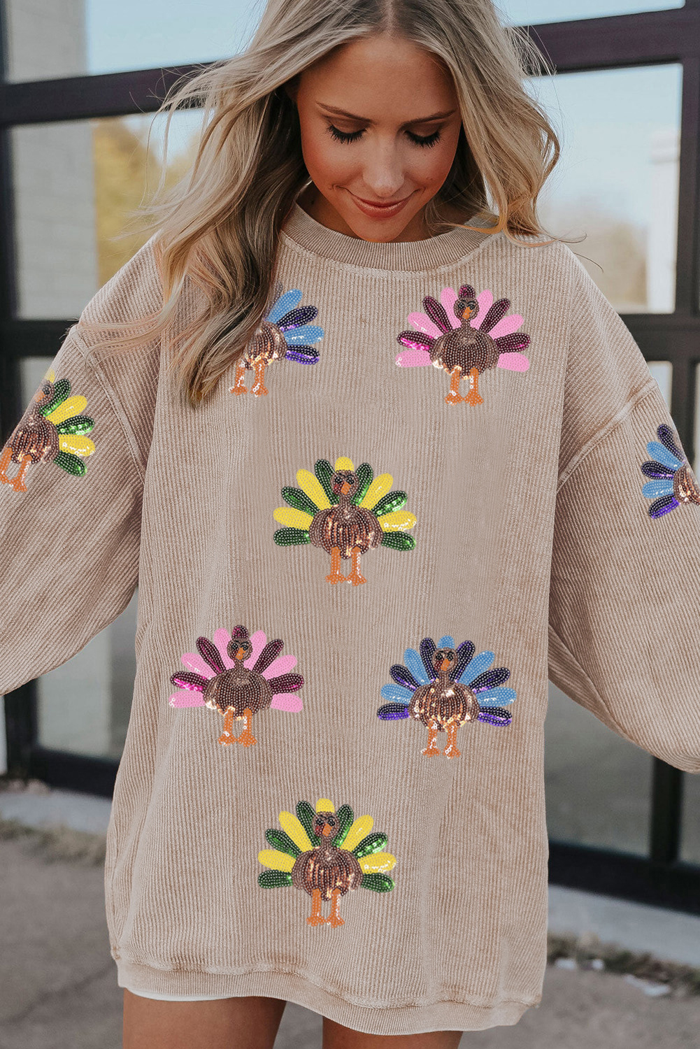 Apricot Turkey Graphic Corded Baggy Sweatshirt - Image 4