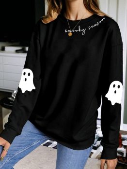 Black Spooky Season Halloween Ghost Printed Drop Shoulder Sweatshirt