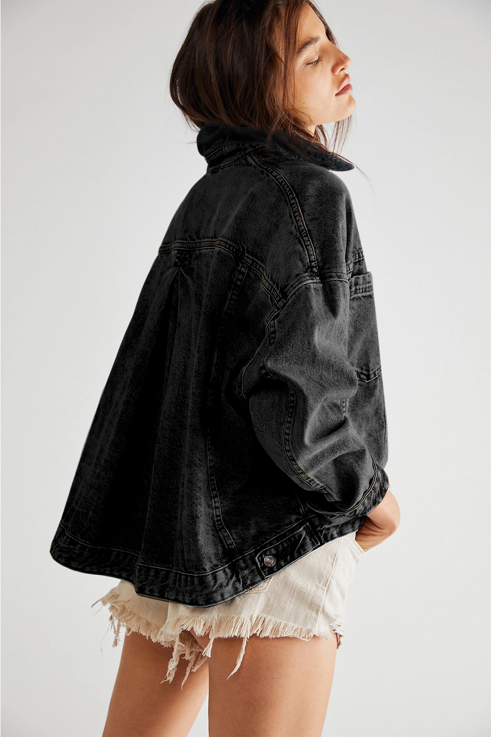 Black Washed Oversize Pocketed Denim Jacket - Image 2