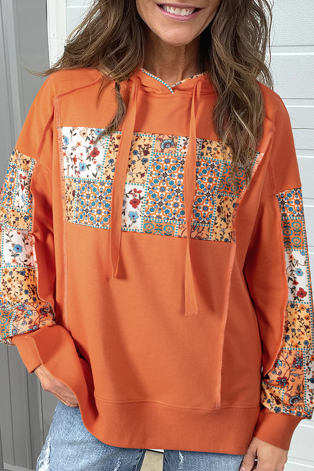 Flamingo Mix Floral Patchwork Side Slit Drawstring Hoodie - Image 8