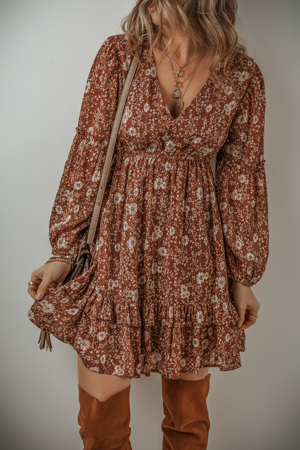 Brown Boho Floral Ruffled Puff Sleeve V Neck Mini Dress - Image 3