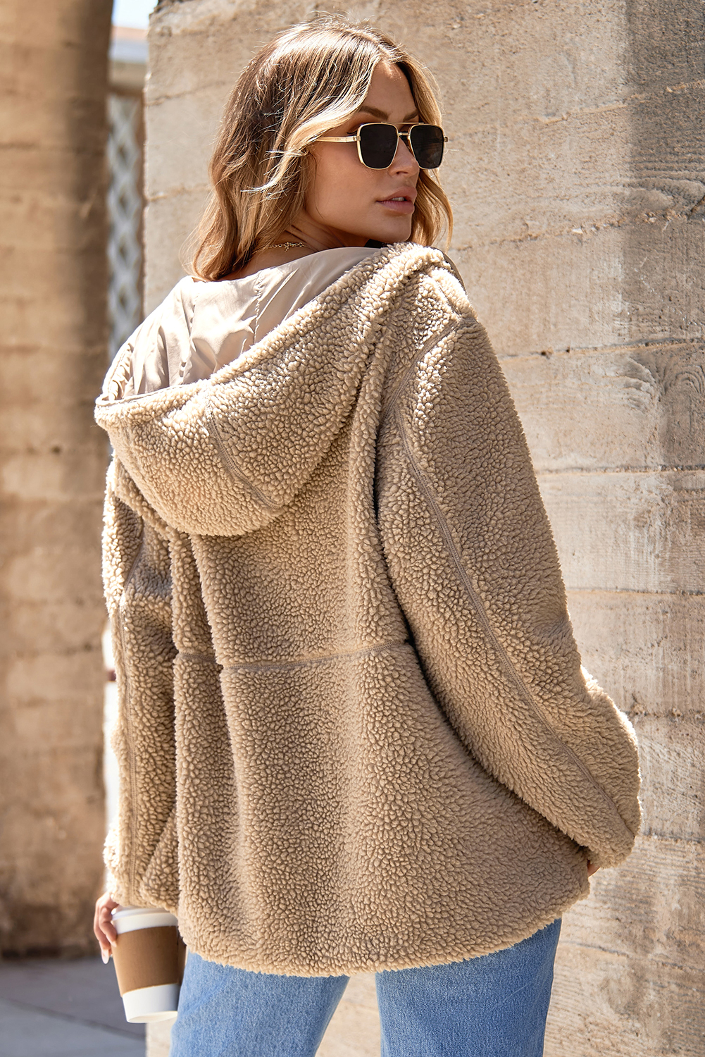 Pale Khaki Fleece Zip Up Drawstring Hooded Pocketed Jacket - Image 2