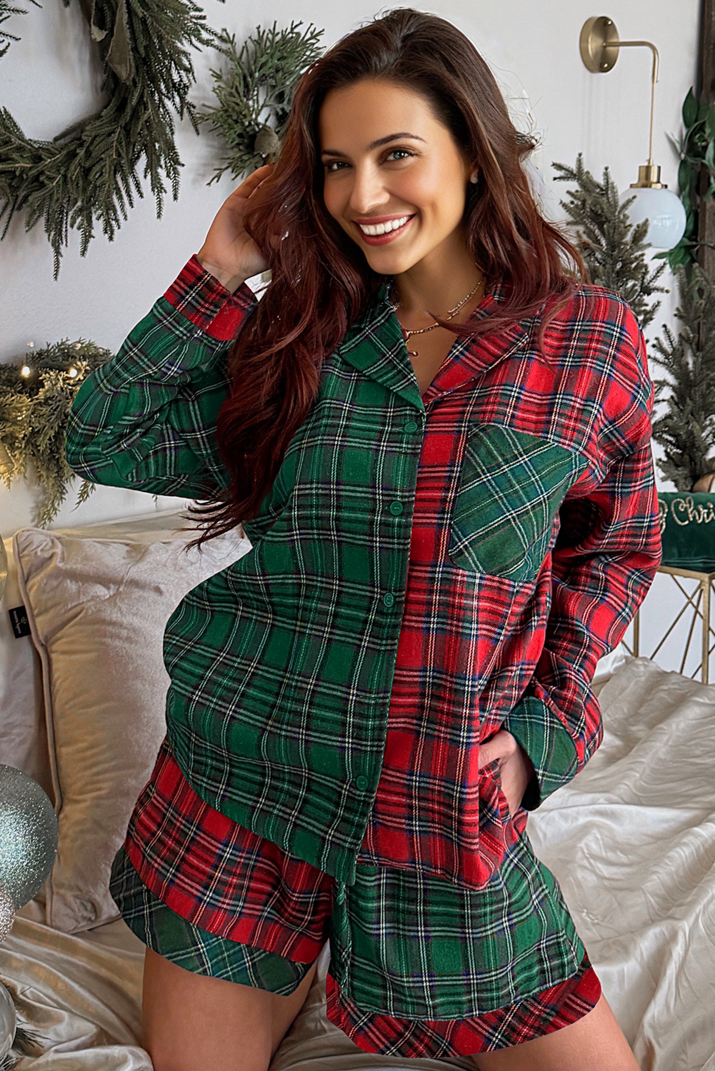 Red Plaid Contrast Patched Christmas Holiday Long Sleeve Shirt and Short 2pcs Pajama Set - Image 2