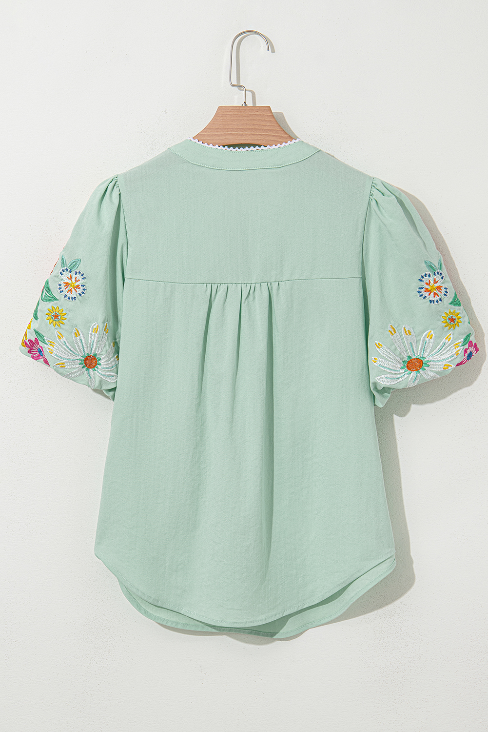 Clearly Aqua Floral Embroidered Puff Sleeve Split Neck Blouse - Image 5