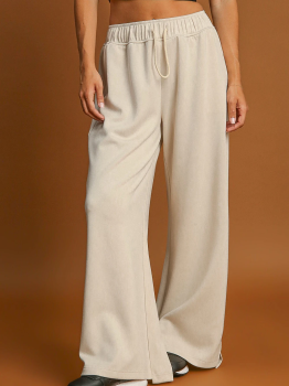 Apricot Loop Drawstring Elastic Waistband Casual Wide Leg Pants