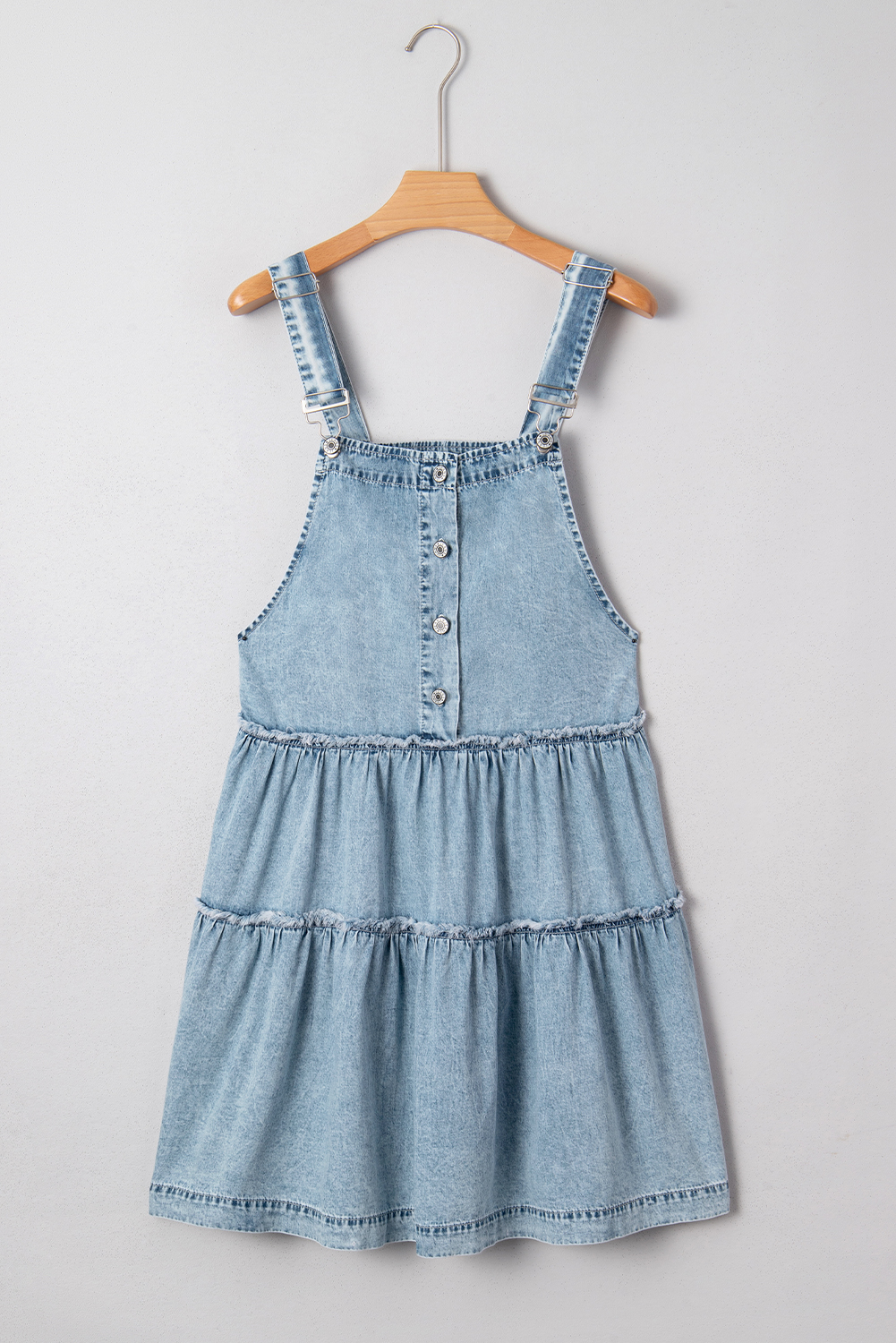 Dusk Blue Light Wash Tiered Flowy Overall Denim Dress - Image 7
