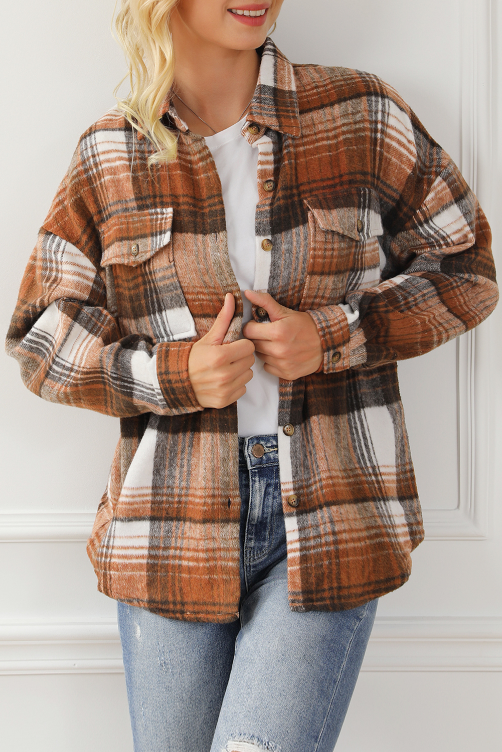 Brown Plaid Flap Pockets Shacket - Image 4