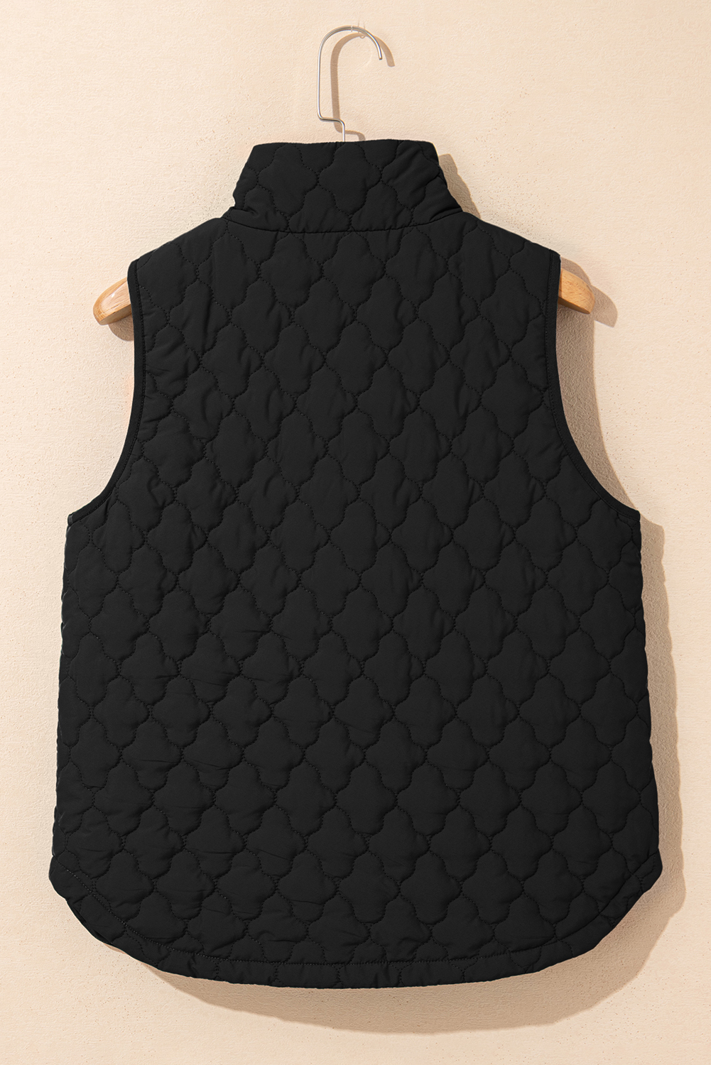 Black Flower Shape Quilted Snap Button Zip Up Winter Vest - Image 8