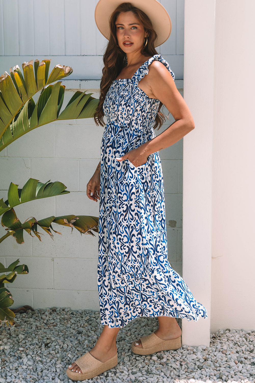 Sky Blue Boho Print Smocked High Waist Maxi Dress - Image 3