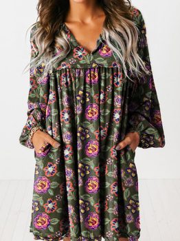Green Floral Print Split Neck Bubble Sleeve Shift Mini Dress