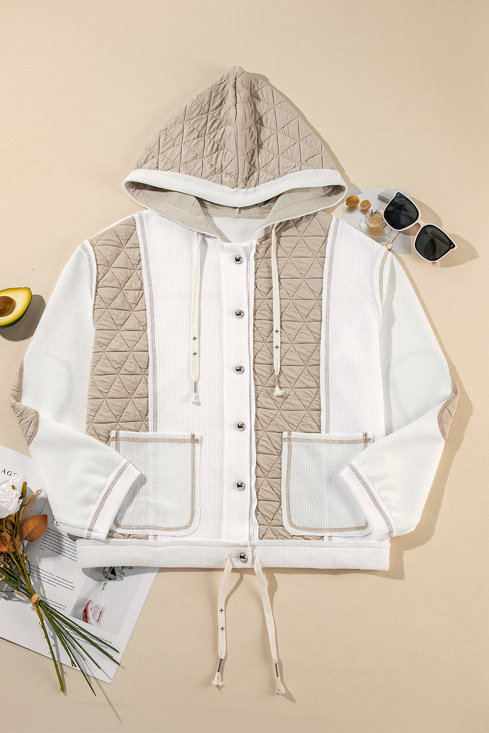 Beige Quilted Textured Patchwork Loose Fit Hooded Jacket - Image 8
