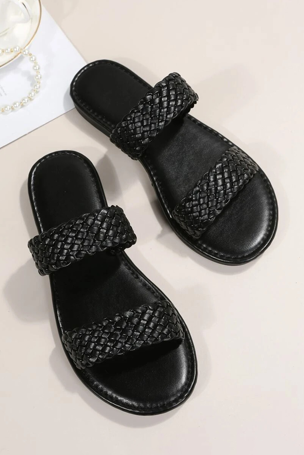 Black Braided Double Band Leathered Flat Slippers - Image 4
