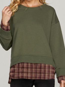 Moss Green Vintage Plaid Patchwork Drop Shoulder Sweatshirt