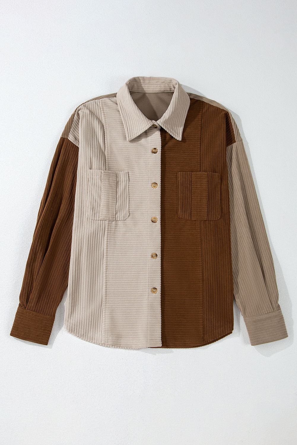 Brown Color Block Chest Pockets Buttoned Corduroy Shacket - Image 4