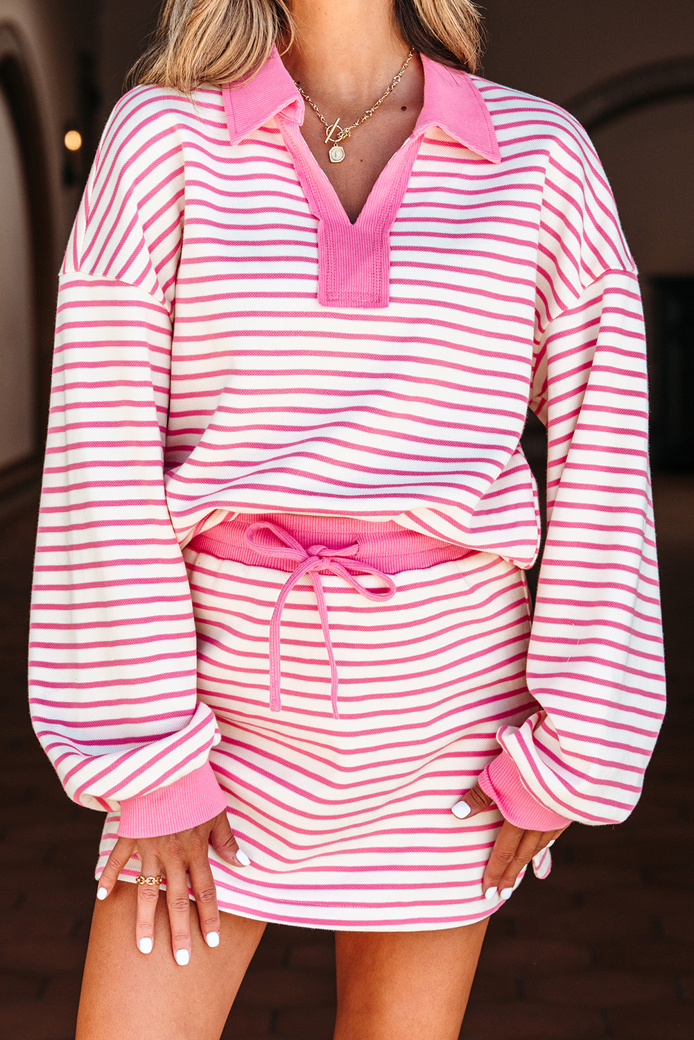 Pink Stripe Collared V Neck Drop Shoulder Pullover and Skort 2pcs Outfit - Image 7