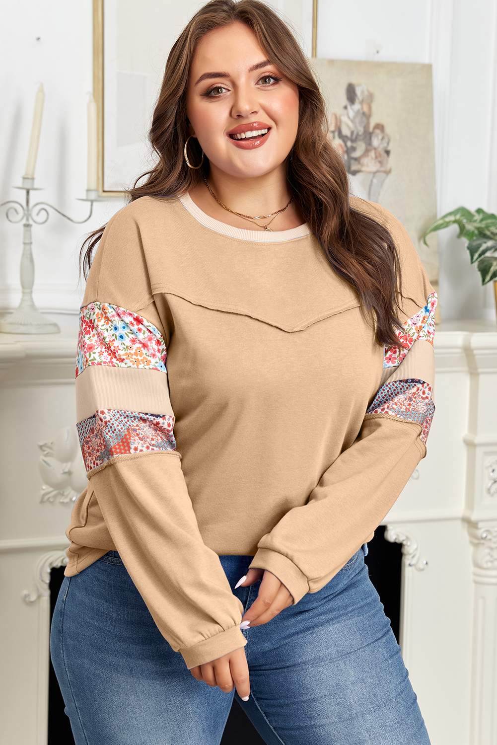 Khaki Exposed Seam Floral Mixed Patchwork Relaxed Plus Size Top - Image 4