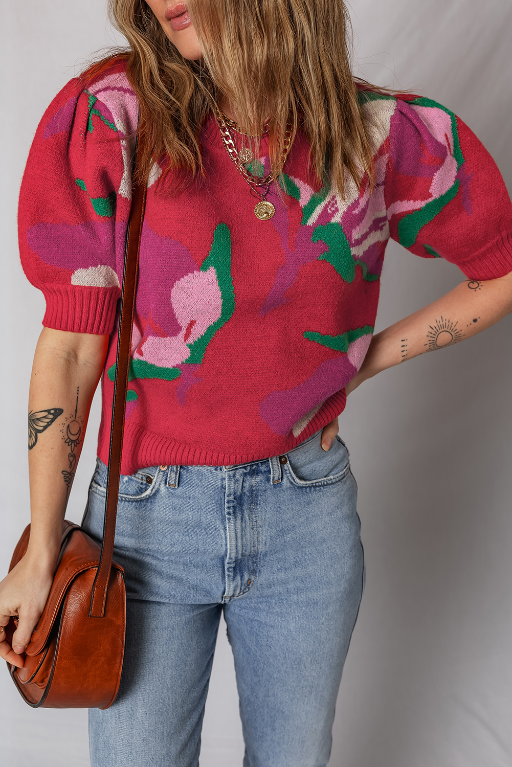 Red Floral Abstract Print Short Puff Sleeve Sweater - Image 7