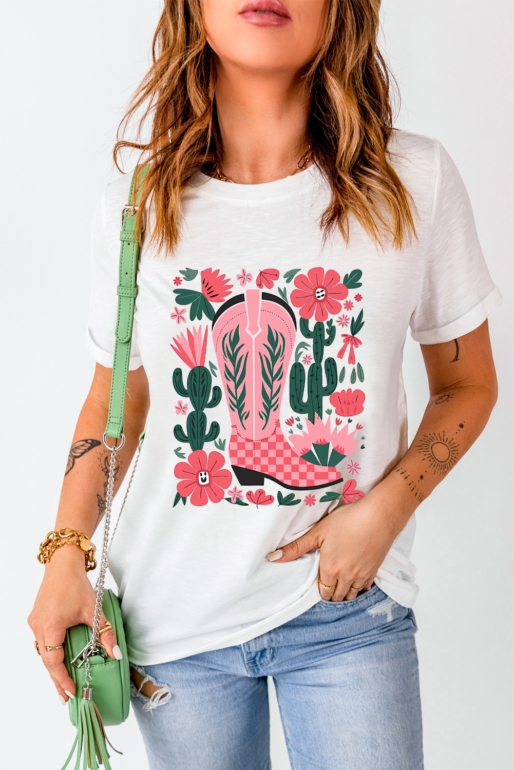 White Western Boots Flower Print Round Neck T Shirt - Image 5