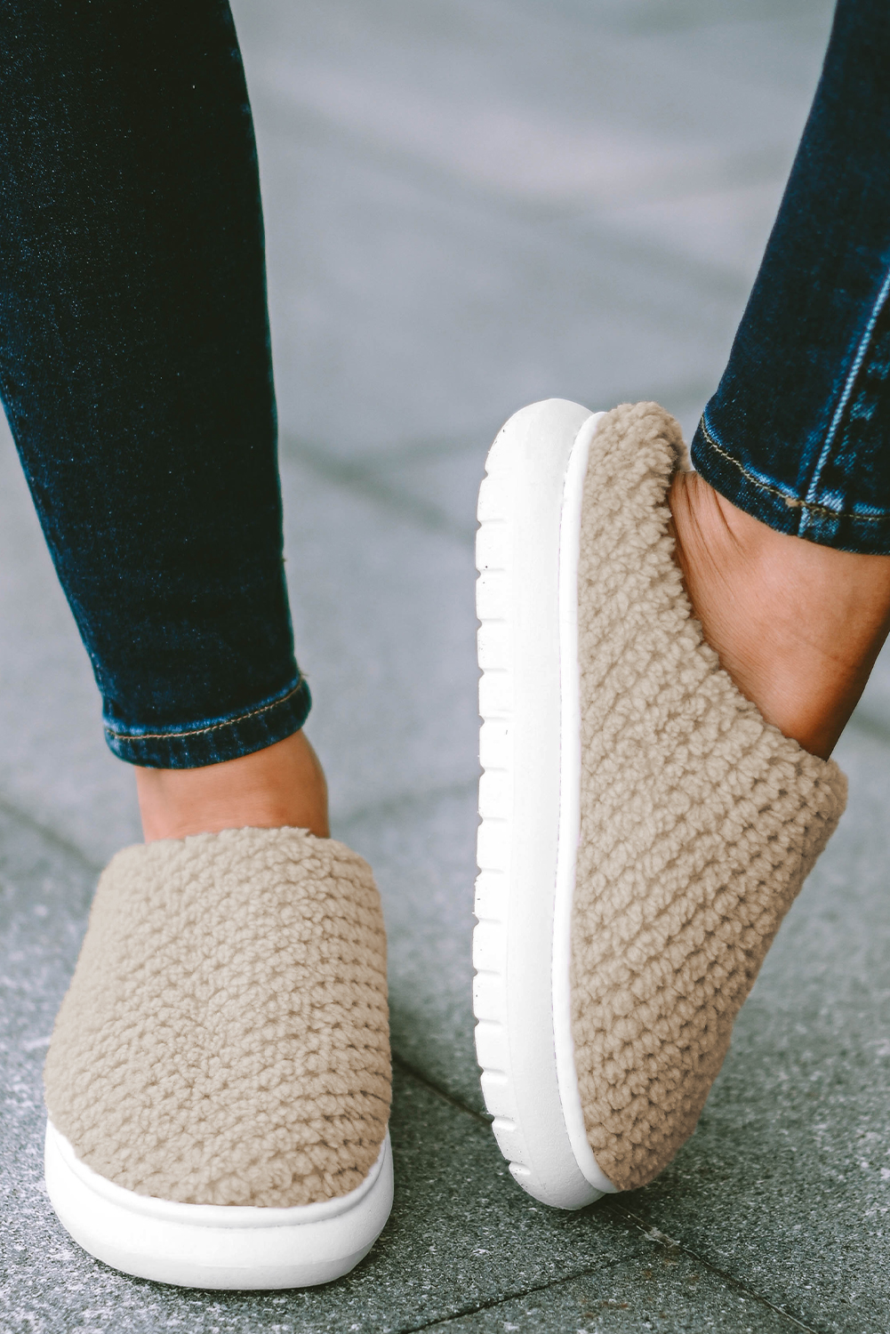 Pale Khaki Two-tone Knitted Warm Homewear Slippers - Image 4