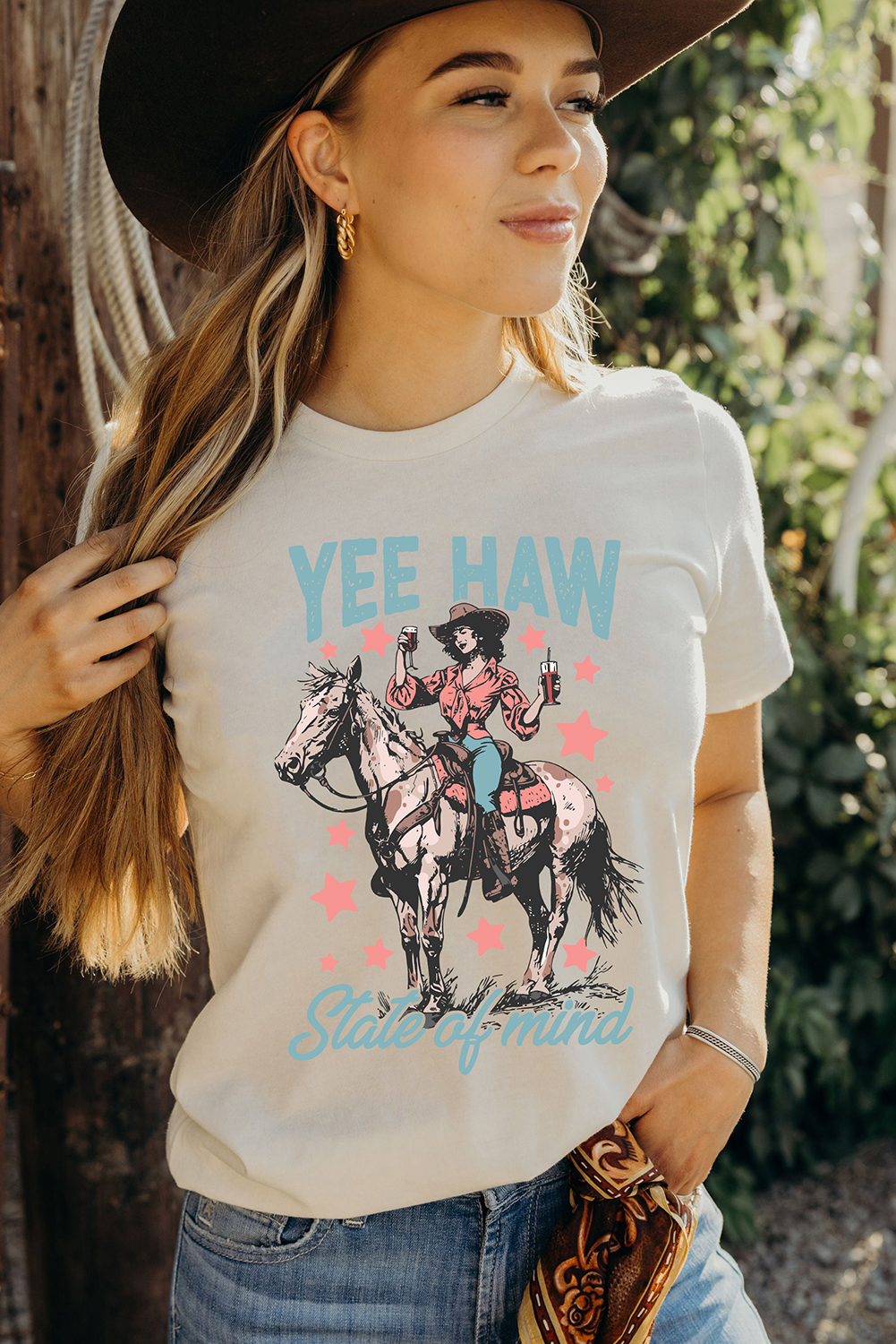 White YEE HAW State of mind Cowgirl Graphic Western Fashion Tee - Image 2