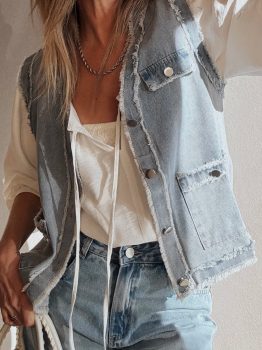 Beau Blue Frayed Edge Flap Pockets Denim Vest Jacket