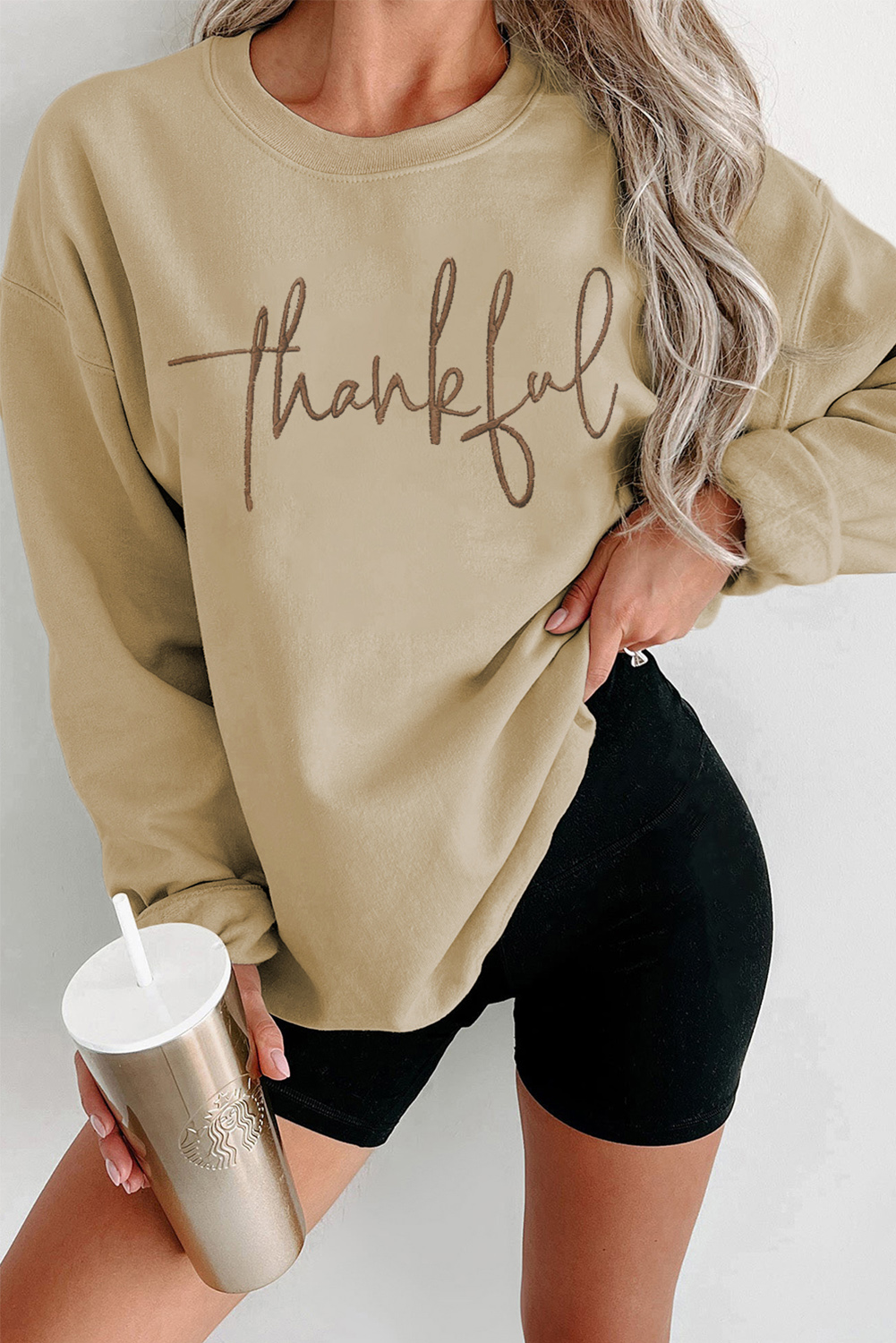 Parchment thankful Embroidered Drop Shoulder Pullover Sweatshirt - Image 4