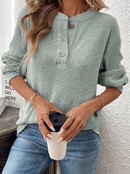 Clearly Aqua Ribbed Texture Drop Shoulder Henley Knit Top