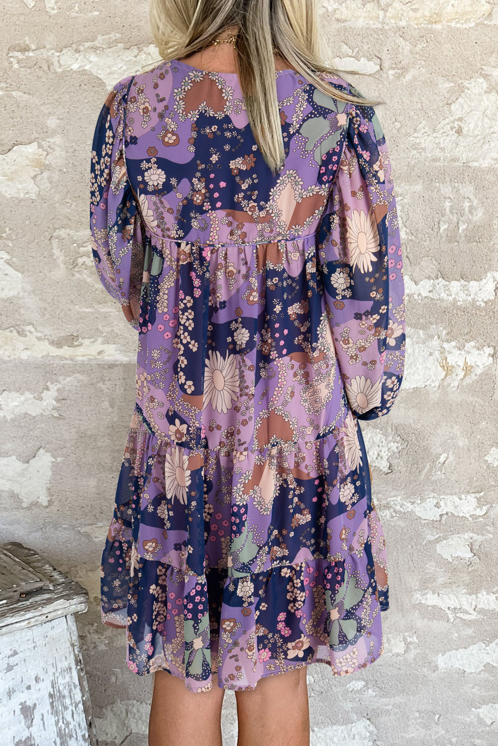 Purple Vintage Daisy Floral Puff Sleeve Ruffle Short Dress - Image 2