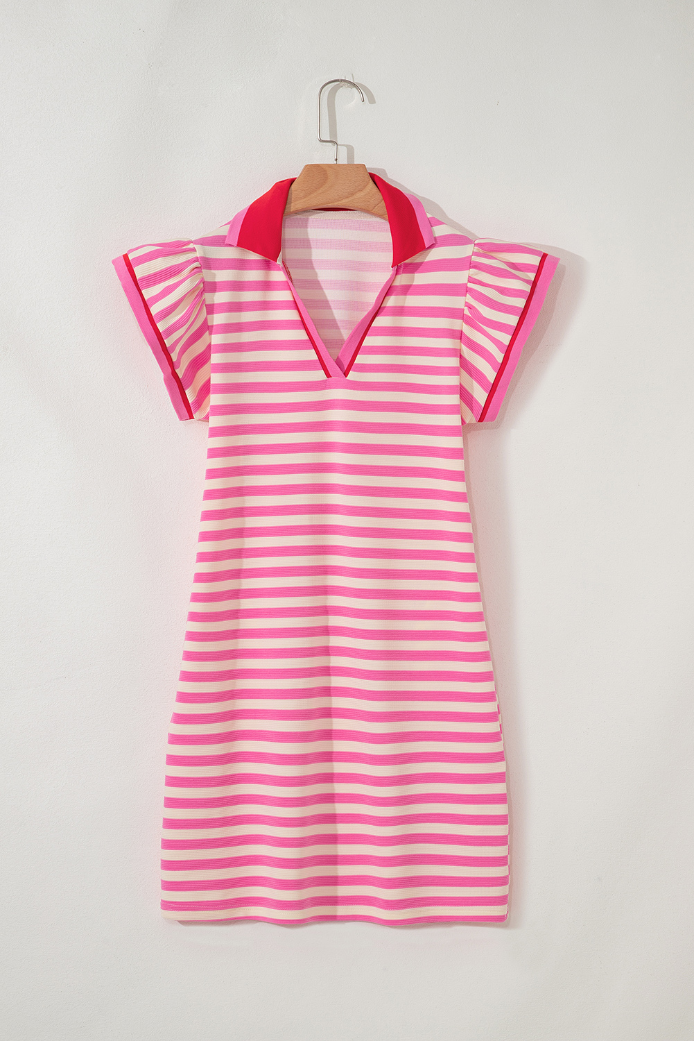 Sachet Pink Stripe Print Contrast Collar Split Neck Flutter Sleeve Short Dress - Image 4