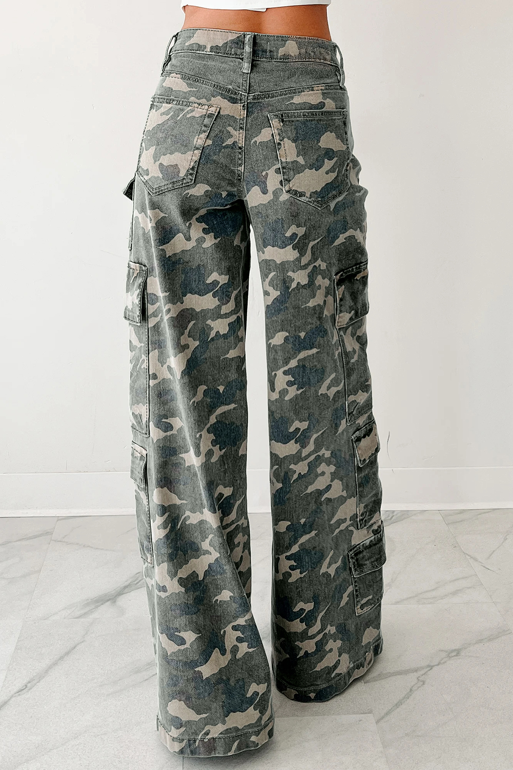 Green Camo Denim Cargo Wide Leg Pants - Image 2