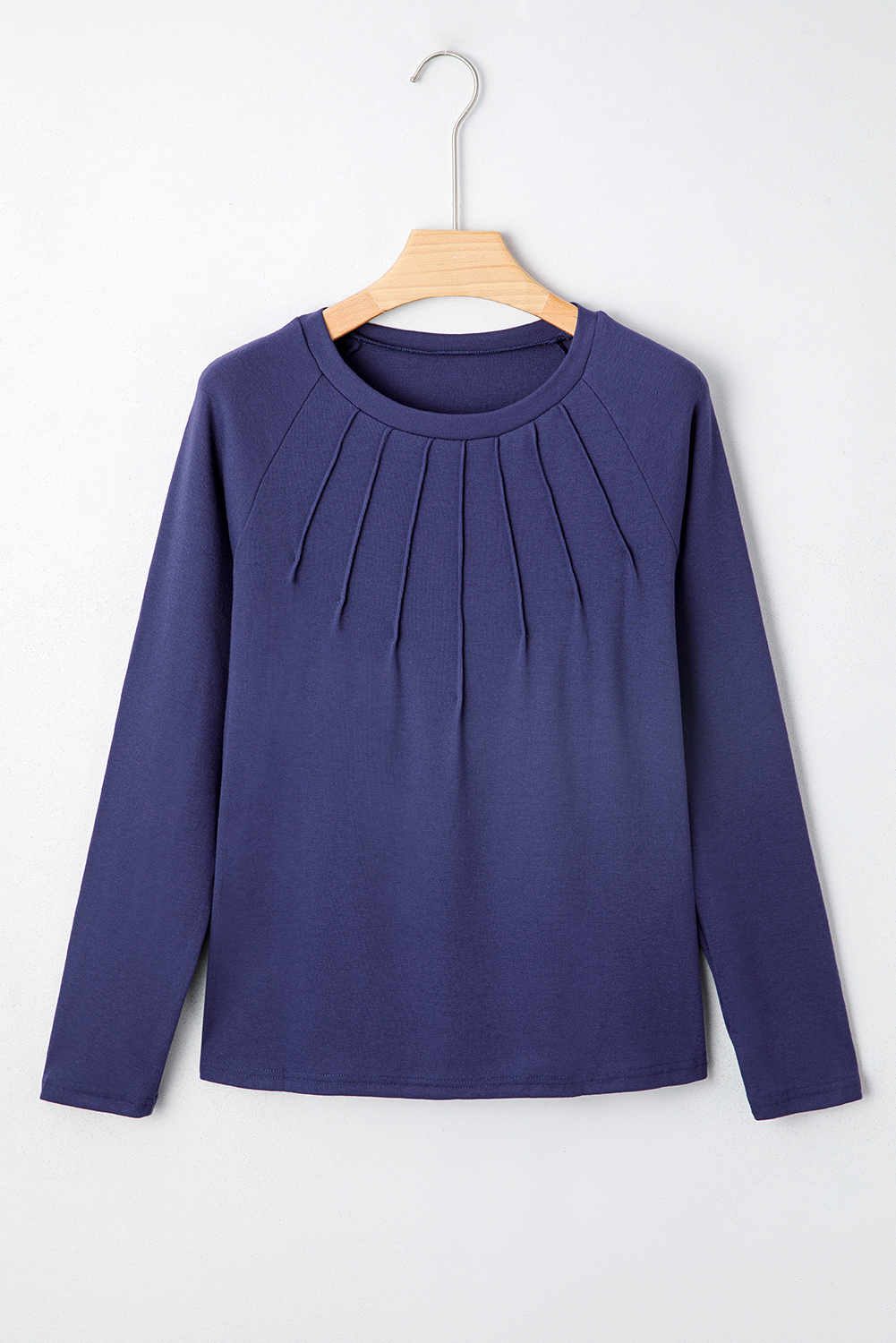 Navy Blue Solid Color Seam Detail Raglan Long Sleeve Top - Image 5