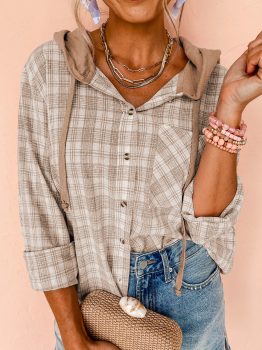 Khaki Checkered Print Loose Fit Buttoned Hooded Shacket