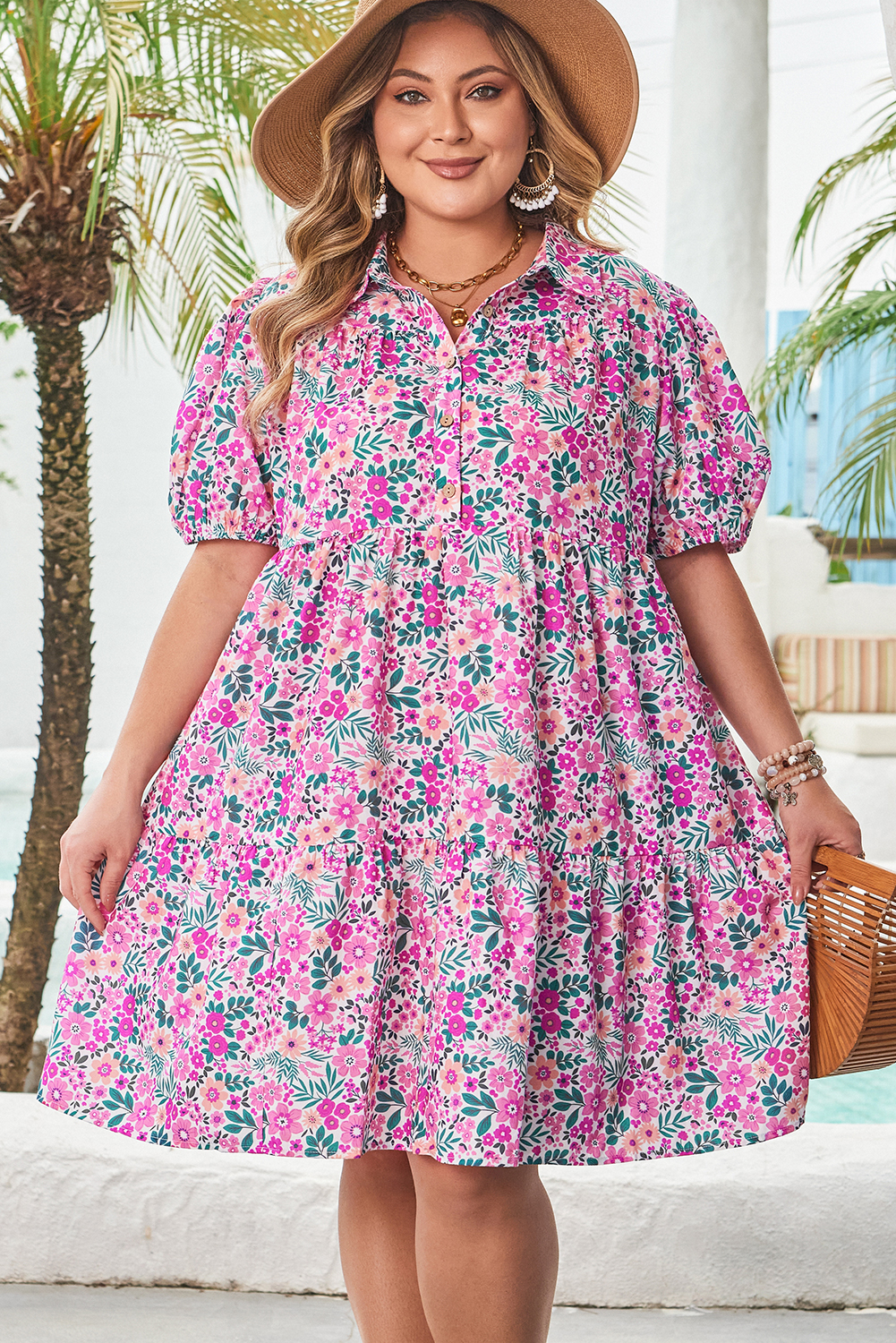 Pink Plus Size Floral Half Button Short Puff Sleeve A-line Dress - Image 3