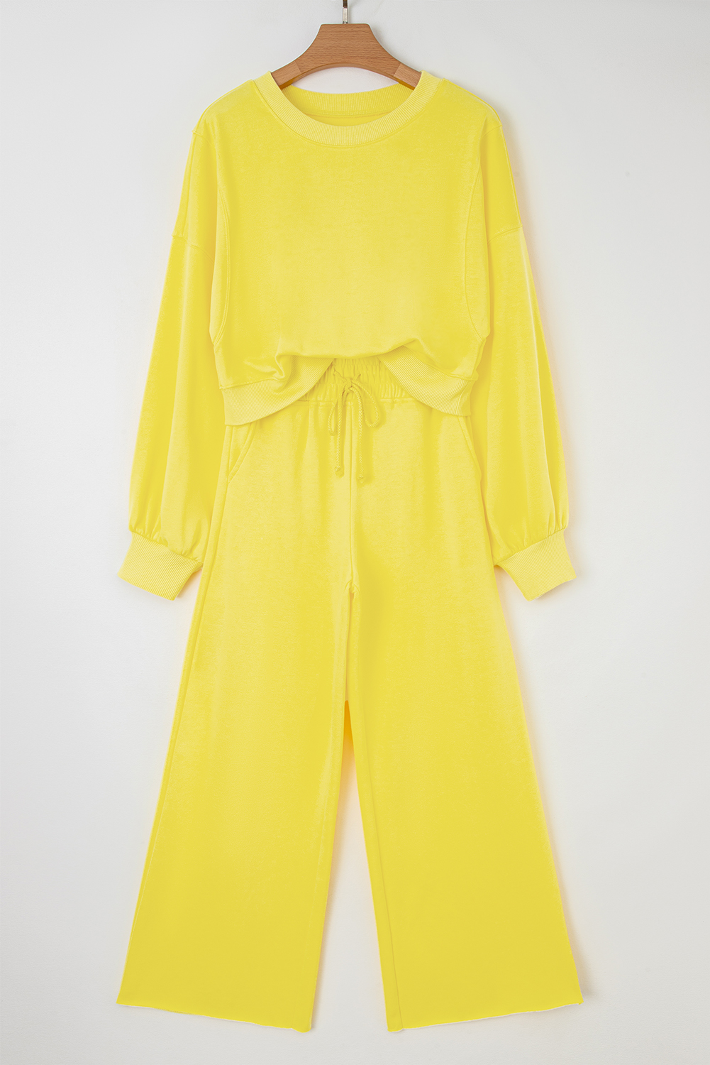 Yellow Cream Drop Shoulder Puff Sleeve Crop Pullover Drawstring Wide Leg Pants Set - Image 7