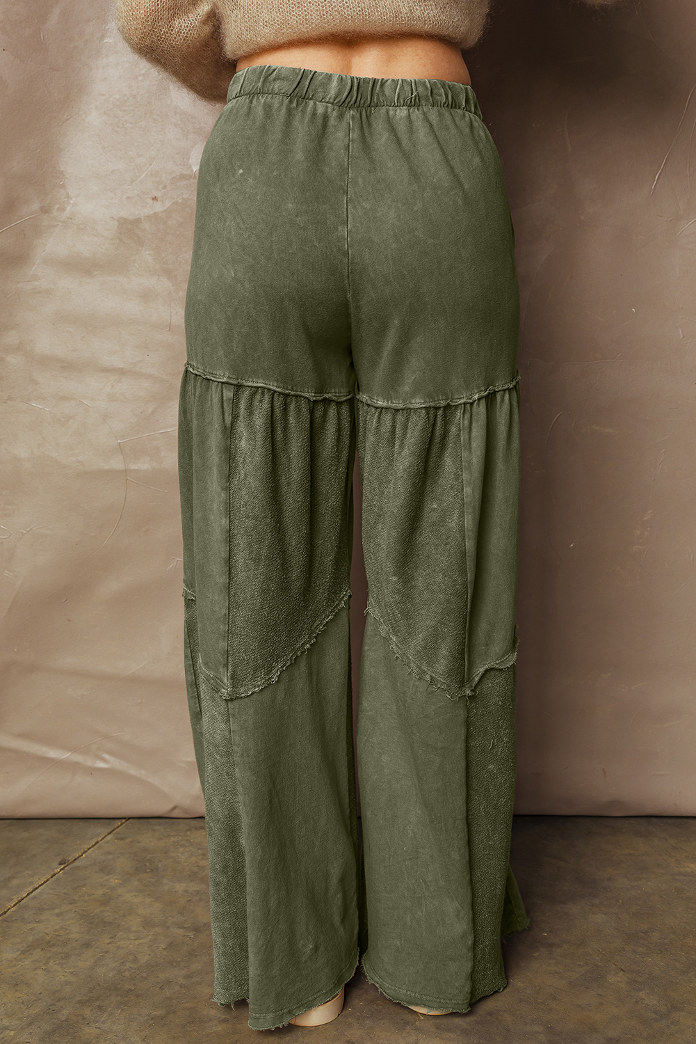 Vineyard Green Mineral Wash Tiered Wide Leg Patchwork Drawstring Pants - Image 2