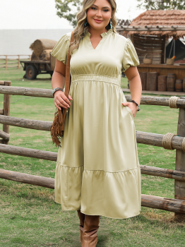 Laurel Green Notched V Neck Puff Sleeve Tiered Plus Size Maxi Dress