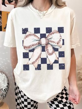 White Checkered Rugby Bowknot Graphic Crew T Shirt