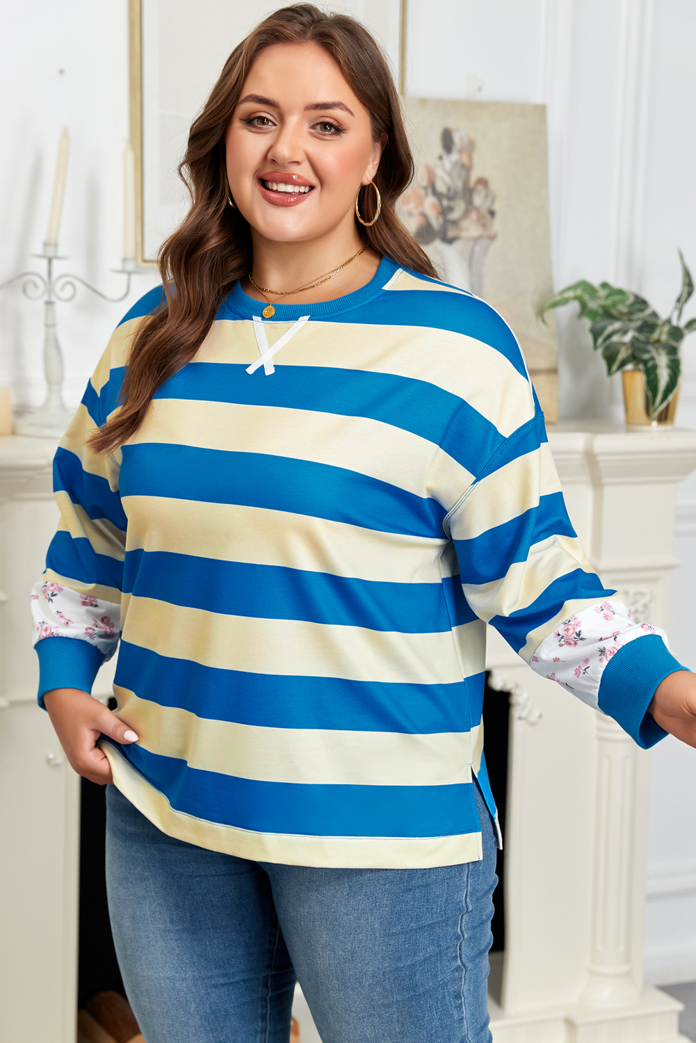 Blue Stripe Floral Color Block Drop Shoulder Plus Size Pullover Top - Image 6